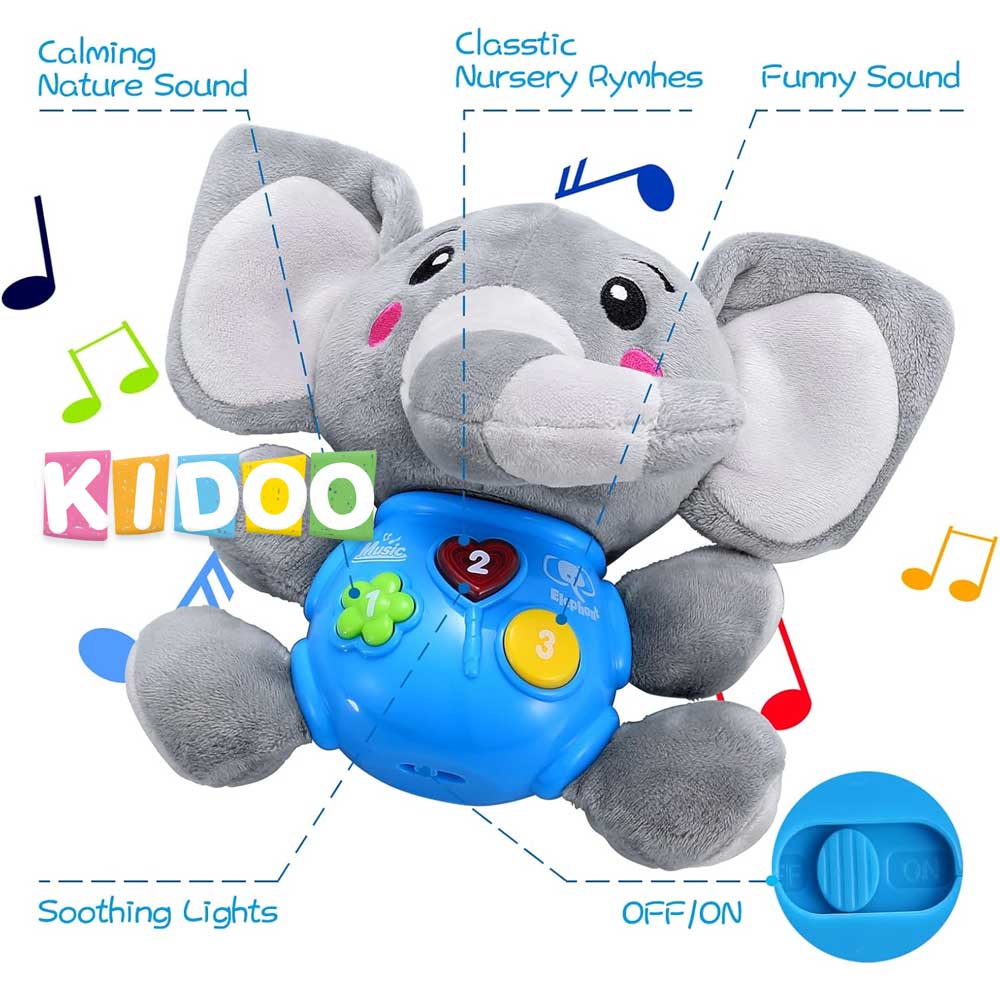 Musical Elephant Plush Toy – Soothing Lullabies, Lights & Sounds for Newborns by KIDOO – Baby Product UK