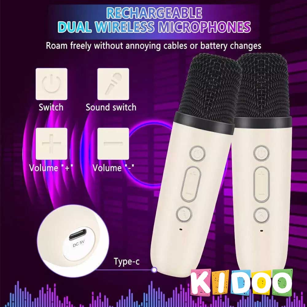rtable Bluetooth Karaoke Machine with Microphones, Voice Effects & LED Lights – for Kids & Adults by KIDOO – Baby Product UK