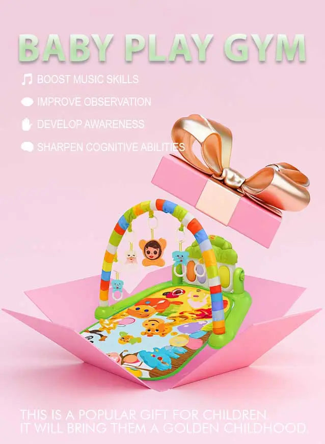 Colorful baby play gym with musical piano and hanging toys, ideal gift for newborn development