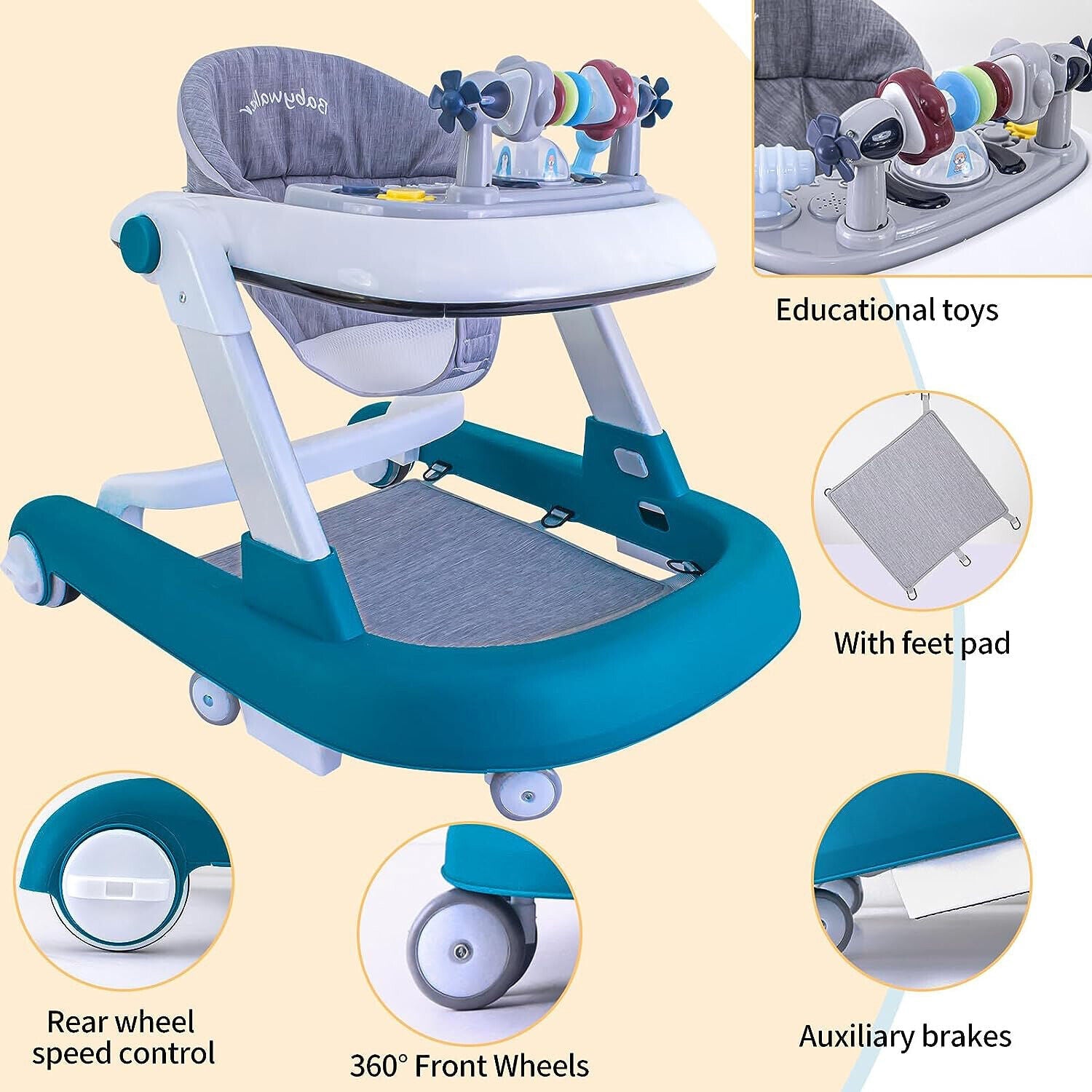 Feet Baby Walker Anti Fall Convertible Walker In To Push walker with Adjustable Speed Wheels & 2 Levels Height Adjustments & Detachable Toy Bar With Music & Light, by KIDOO – Baby Product UK