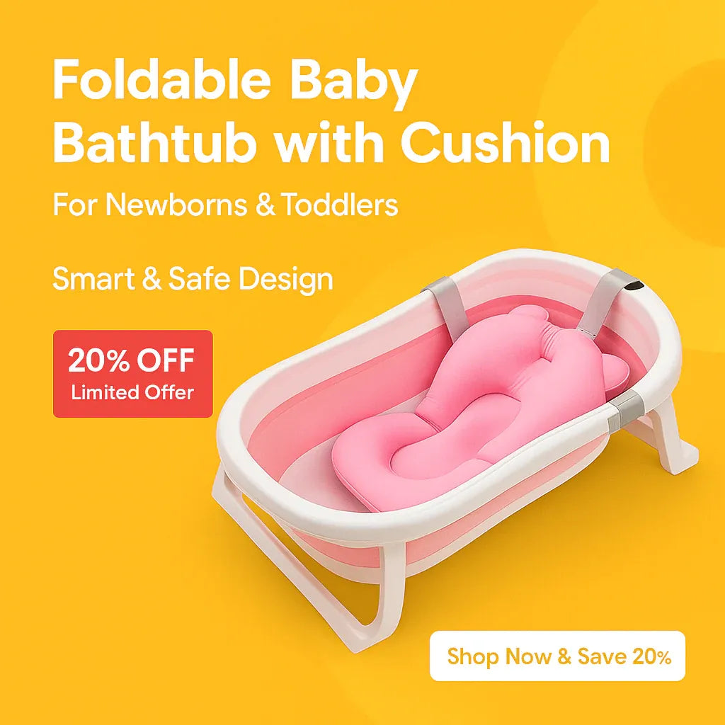 Foldable baby bathtub with pink soft cushion for newborns and toddlers – safe design with 20% discount

